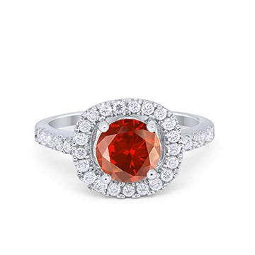 Solitaire Accent Halo Wedding Ring Round Simulated Garnet CZ 925 Sterling Silver